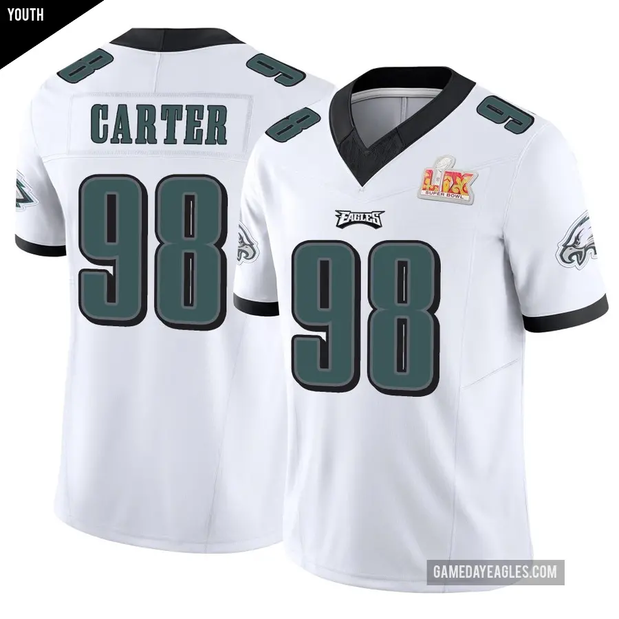 Youth Philadelphia Eagles ＃98 Jalen Carter White Limited Vapor F.U.S.E. Super Bowl LIX Jersey