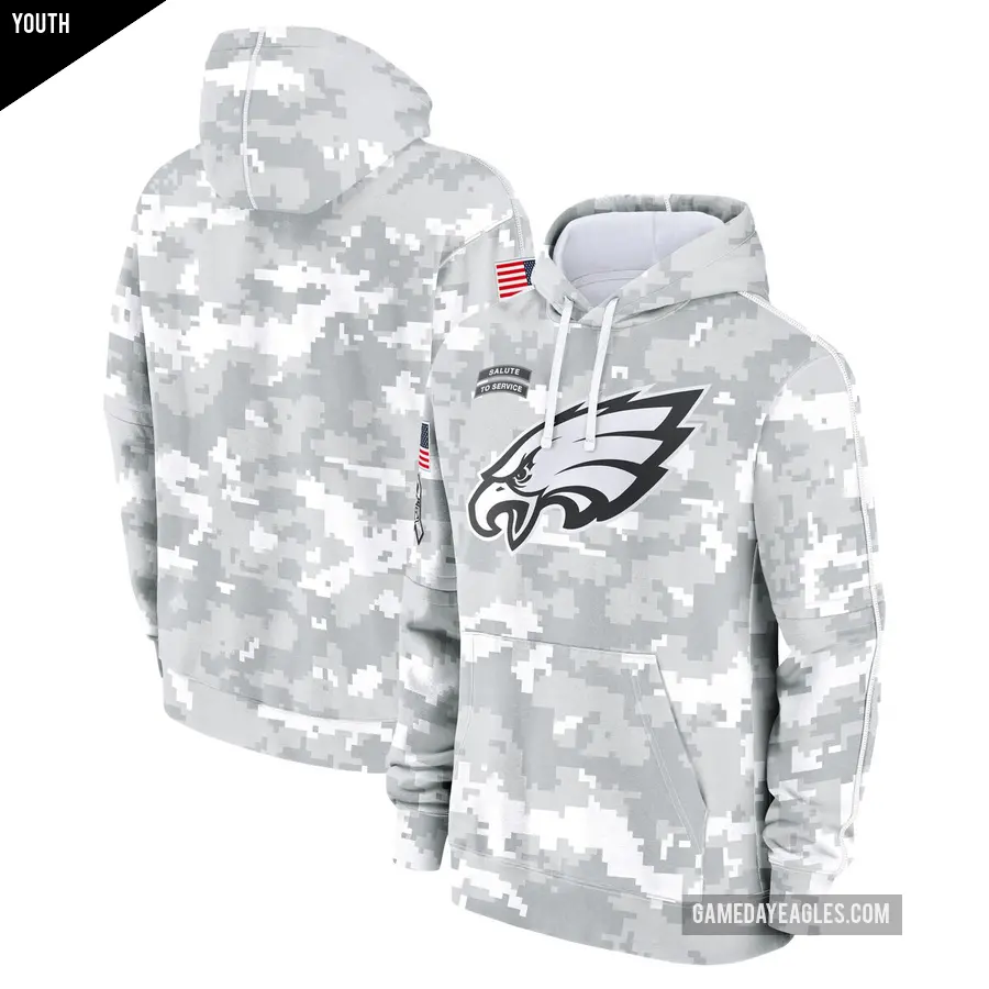 Youth Philadelphia Eagles White/Gray 2024 Salute To Service Pullover Hoodie